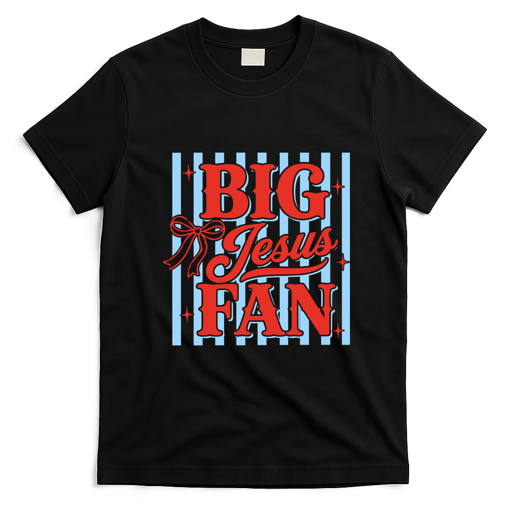 Big Jesus Fan Retro Striped T-Shirt - Black