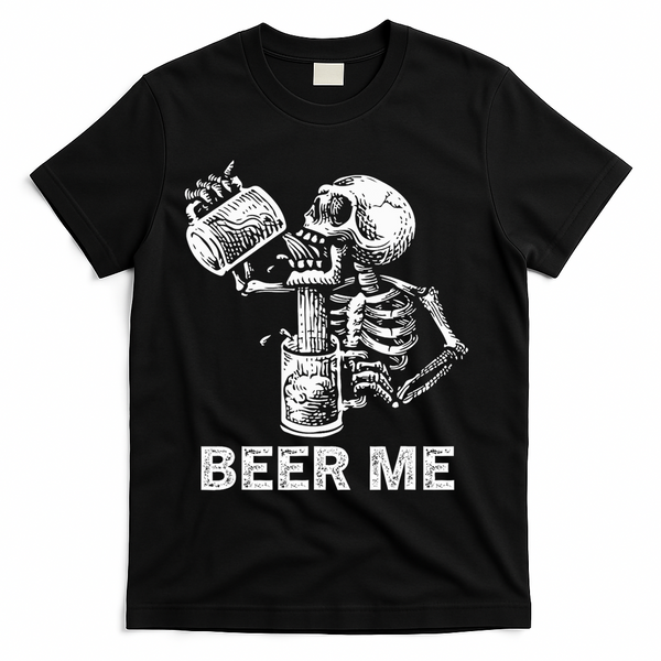 Beer Me Skeleton Scary Spooky Drinking  T-Shirt - Black