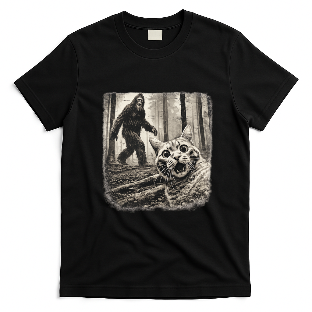 Bigfoot Sasquatch Cat Selfie Funny Meme Kitty T-Shirt - Black