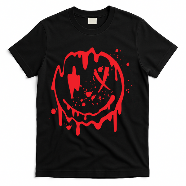 Bloody Smiling Face Splatter Graphic T-Shirt - Black