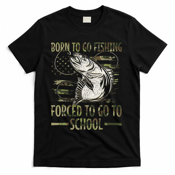 Born To Go Fishing Forced To Go To School Camo Us Flag T-Shirt - Black