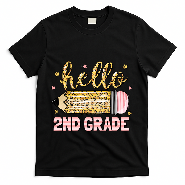 Back To School Hello Second 2nd Grade Leopard Pencil Girl T-Shirt - Black