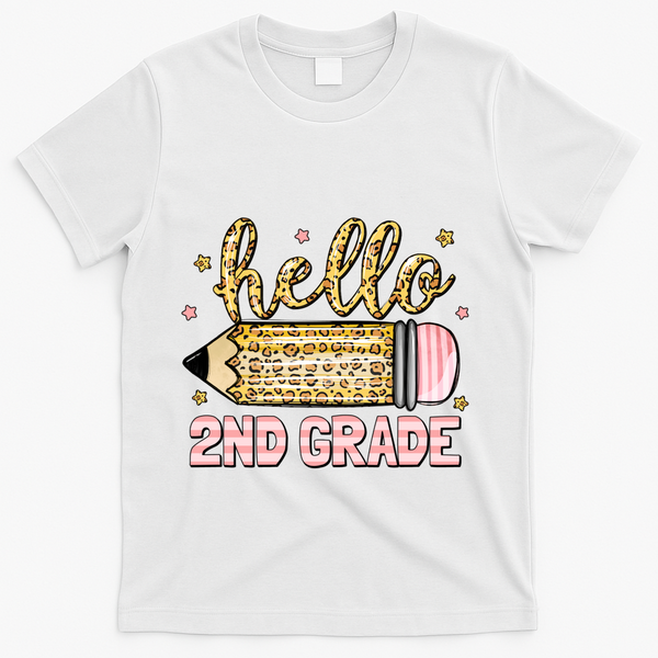 Back To School Hello Second 2nd Grade Leopard Pencil Girl T-Shirt - White
