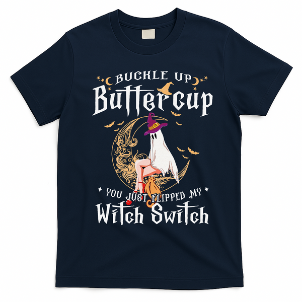 Buckle Up Halloween Buttercup You Just Flipped Witch Switch T-Shirt - Navy Blue