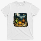 Camping Aliens Bigfoot UFO Campfire Adventure T-Shirt - White