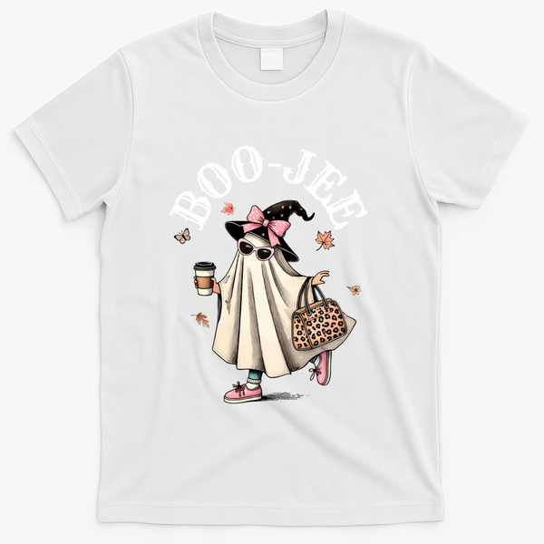 Cute Boo Jee Ghost Halloween Leopard Ghost Coffee Funny Gift T-Shirt - White