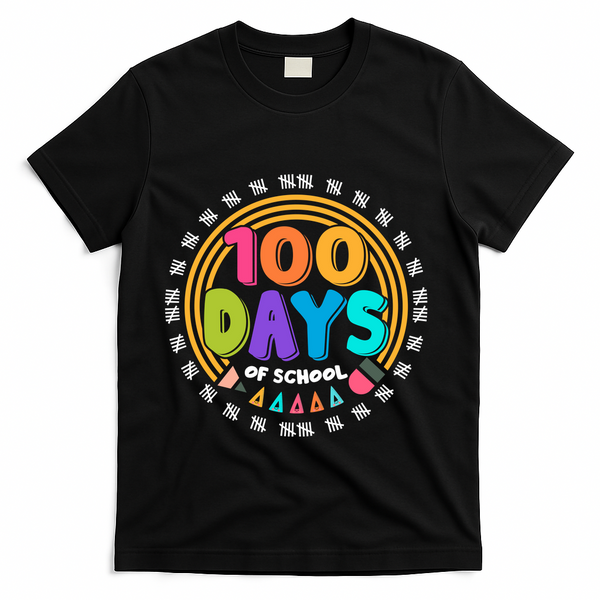 Cute Cool 100 Days Of School Pencil Emblem T-Shirt - Black