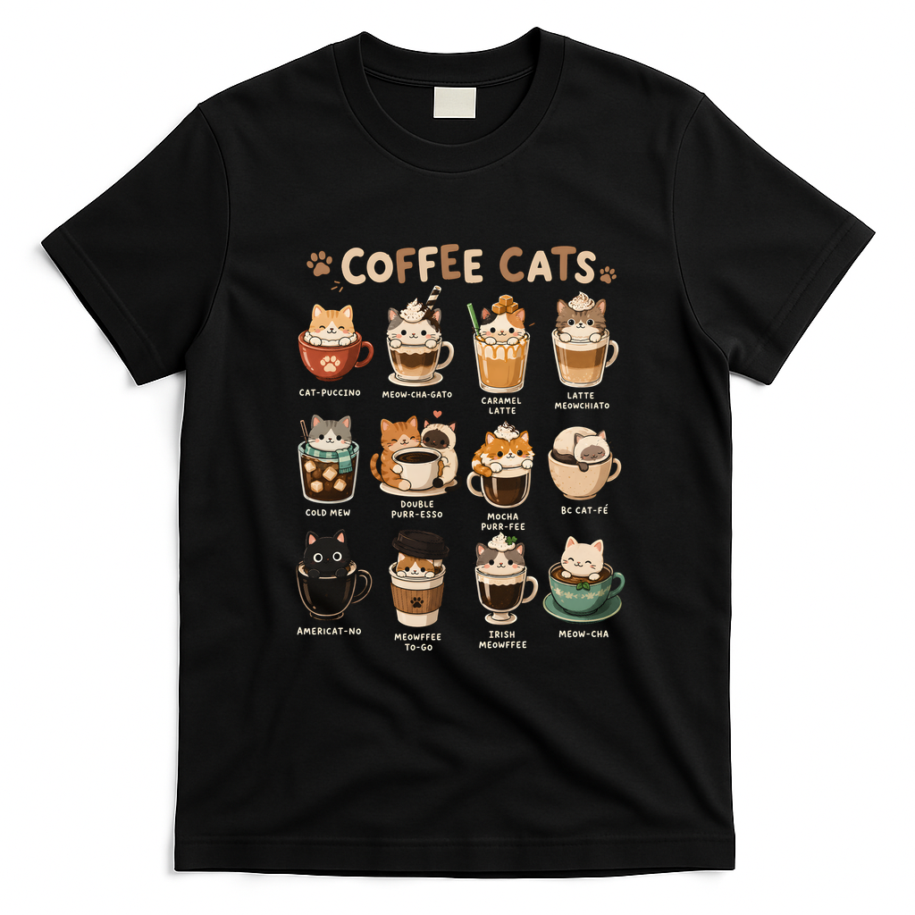 Coffee Cats Cute Cat Inspired Funny T-Shirt - Black