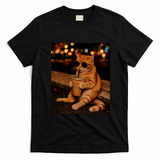 Cool Cat Drinking Iced Coffee with Sunglasses T-Shirt - Black
