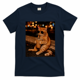 Cool Cat Drinking Iced Coffee with Sunglasses T-Shirt - Navy Blue