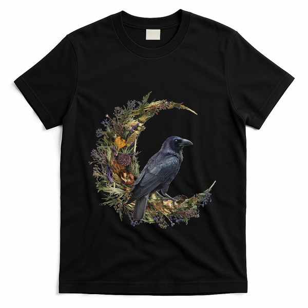 Cottage Core Halloween Crow Design Witchy Floral Moon Raven T-Shirt - Black