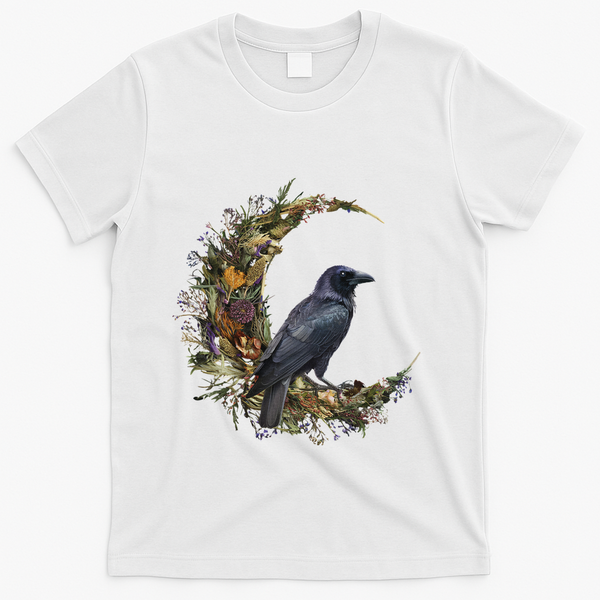 Cottage Core Halloween Crow Design Witchy Floral Moon Raven T-Shirt - White