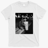 Cool Cat with Iced Coffee Sunglasses Fan Art T-Shirt - White