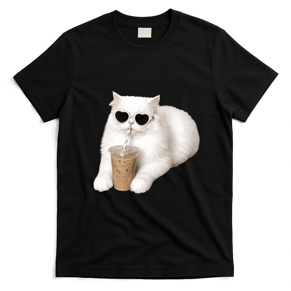Cool Cat with Heart Sunglasses and Iced Coffee T-Shirt - Black