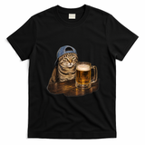 Cool Cat with Beer and Cap Fun Graphic T-Shirt - Black