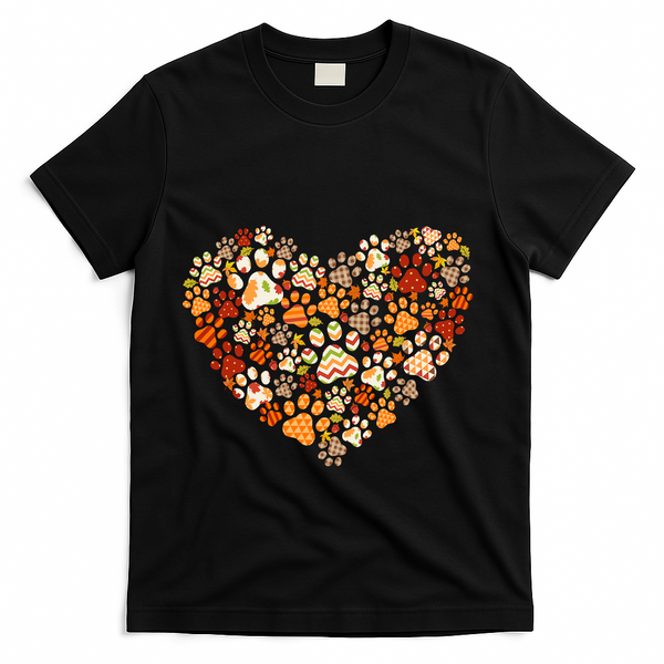 Cute Dog Cat Paw Print Pumpkin Autumn Leaf Fall Thanksgiving T-Shirt - Black