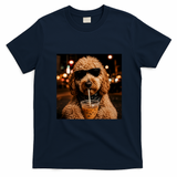 Cool Dog Sipping Iced Coffee with Sunglasses T-Shirt - Navy Blue