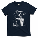 Cool Dog Sunglasses Drinking Ice Coffee Graphic T-Shirt - Navy Blue