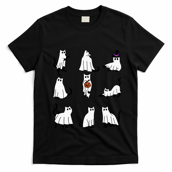 Cute Ghost Cat Funny Halloween Outfit Costumes Black Cat T-Shirt - Black