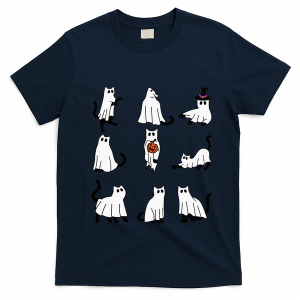 Cute Ghost Cat Funny Halloween Outfit Costumes Black Cat T-Shirt - Navy Blue