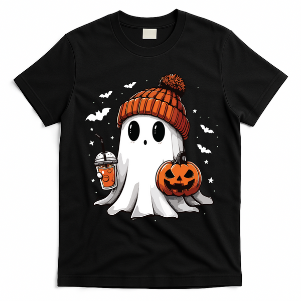 Cute Ghost Drinking Coffee Halloween Ghost Ice Coffee Women Long Sleeve T-Shirt - Black