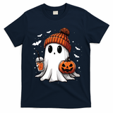Cute Ghost Drinking Coffee Halloween Ghost Ice Coffee Women Long Sleeve T-Shirt - Navy Blue