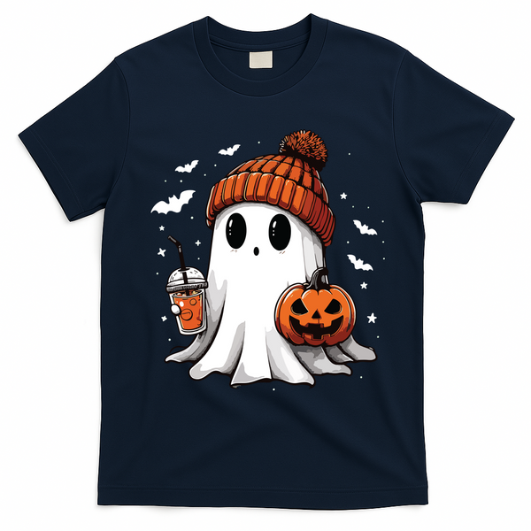 Cute Ghost Drinking Coffee Halloween Ghost Ice Coffee Women Long Sleeve T-Shirt - Navy Blue