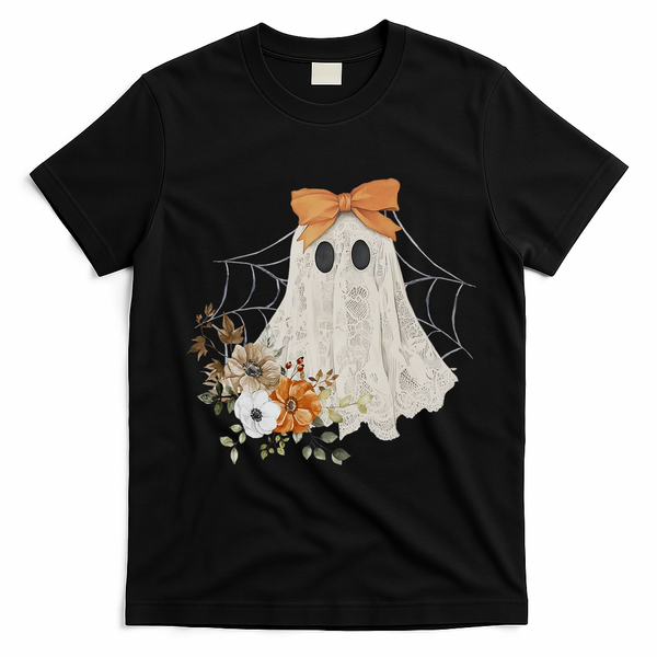 Coquette Ghost Halloween Flower Ghost Spooky Lace Ghost T-Shirt - Black