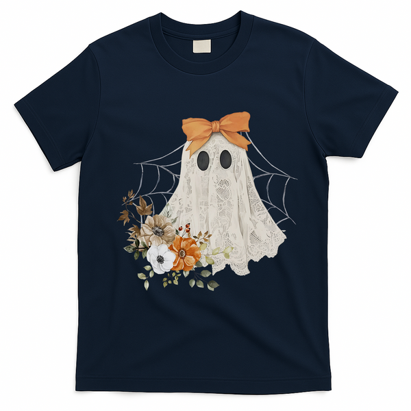 Coquette Ghost Halloween Flower Ghost Spooky Lace Ghost T-Shirt - Navy Blue