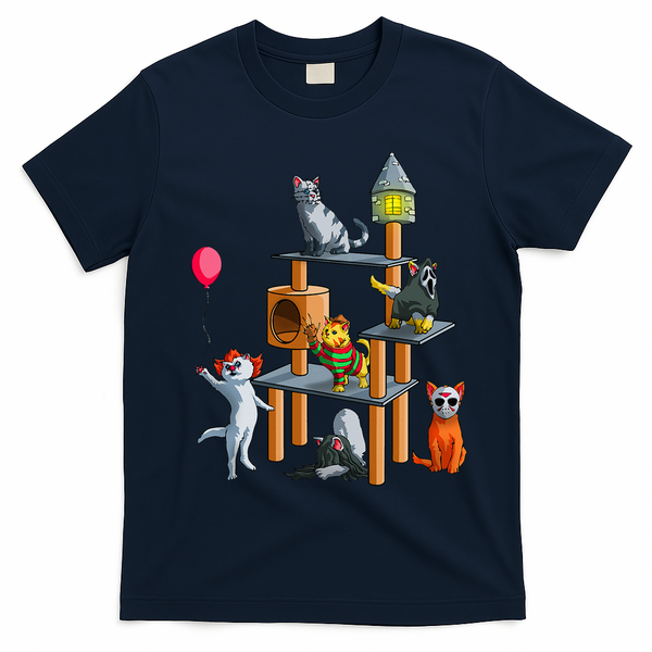 Cat Horror Movies Cute Halloween For Cat Kitty Lovers T-Shirt - Navy Blue