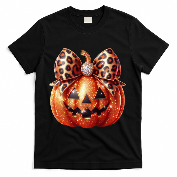 Cute Halloween Pumpkin Leopard Bow T-Shirt - Black