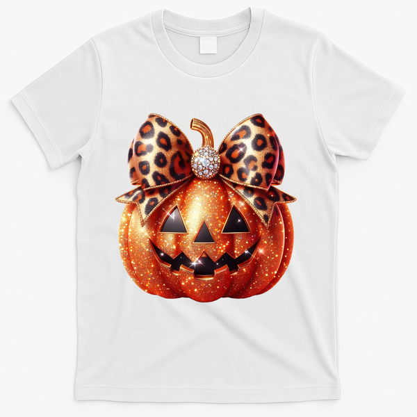 Cute Halloween Pumpkin Leopard Bow T-Shirt - White