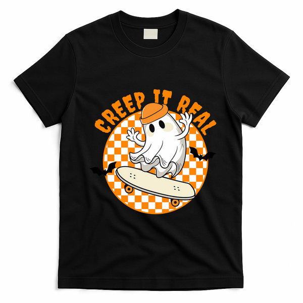 Creep It Real Skater Ghost Halloween Retro T-Shirt - Black