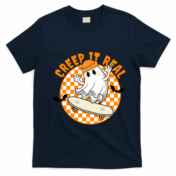 Creep It Real Skater Ghost Halloween Retro T-Shirt - Navy Blue