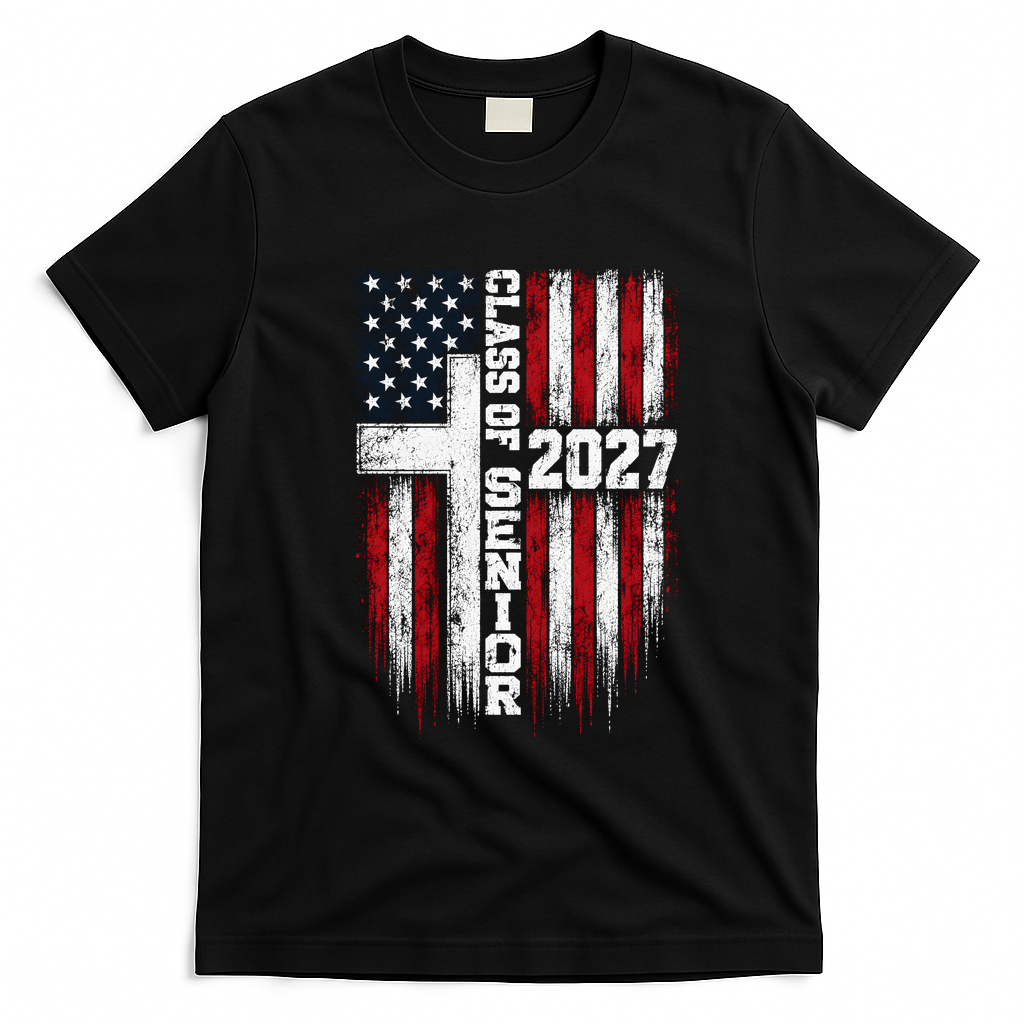 Class Of 2027 Senior Pride American Flag Graduation T-Shirt - Black