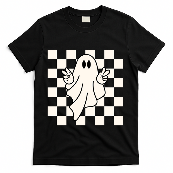 Cute Retro Ghost Peace Sign Halloween T-Shirt - Black