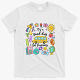 Cute School Bus Cartoon Illustration for Kids and Teachers T-Shirt - White