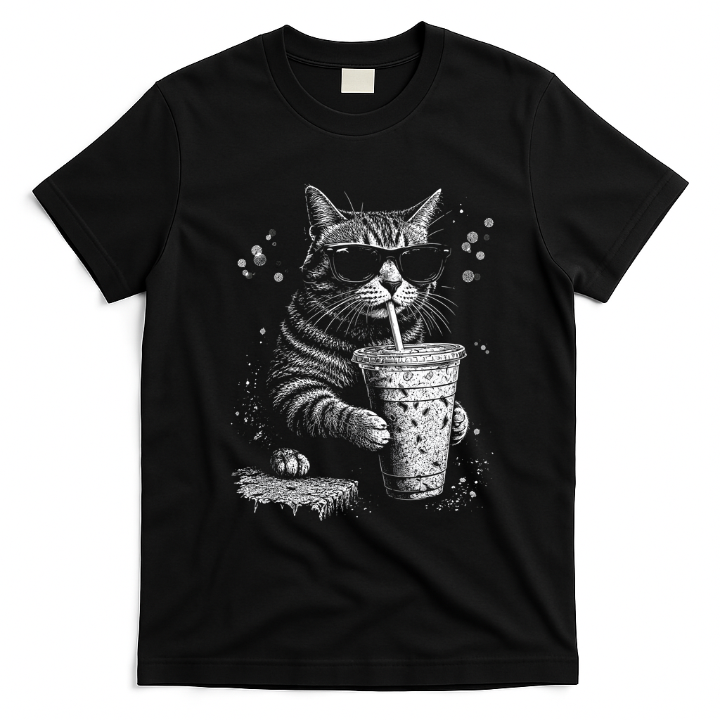 Cool Cat Sipping Drink With Sunglasses Graphic T-Shirt - Black