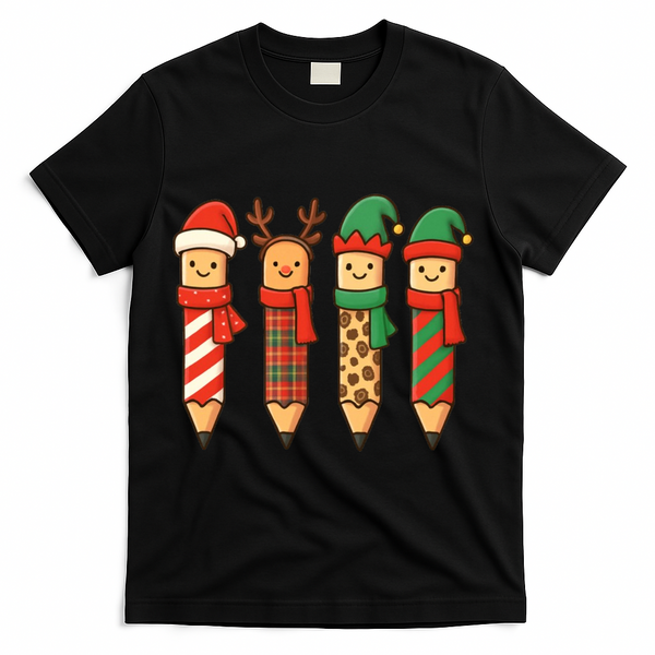 Coquette Teacher Students Christmas Pencils Festive T-Shirt - Black