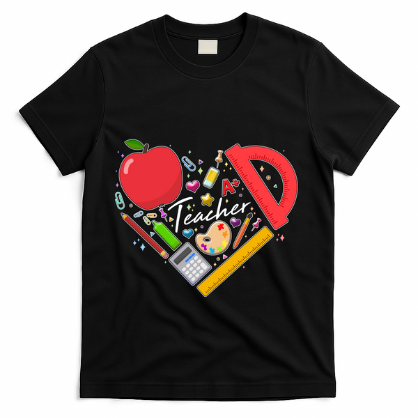 Cute Teacher School Tools Heart T-Shirt - Black