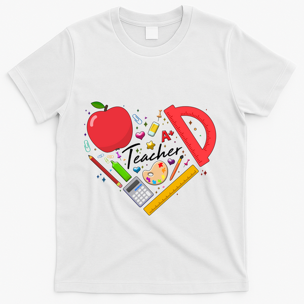 Cute Teacher School Tools Heart T-Shirt - White