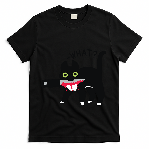 Cat What Murderous Tuxedo Cat With Knife Halloween Costume T-Shirt - Black