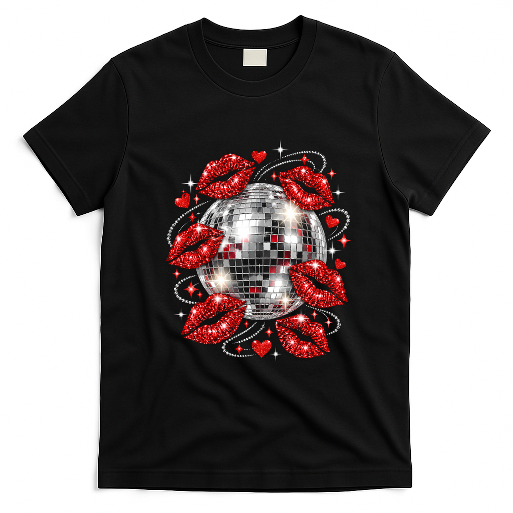 Disco Ball Kissing Lips 80s Retro Party T-Shirt - Black