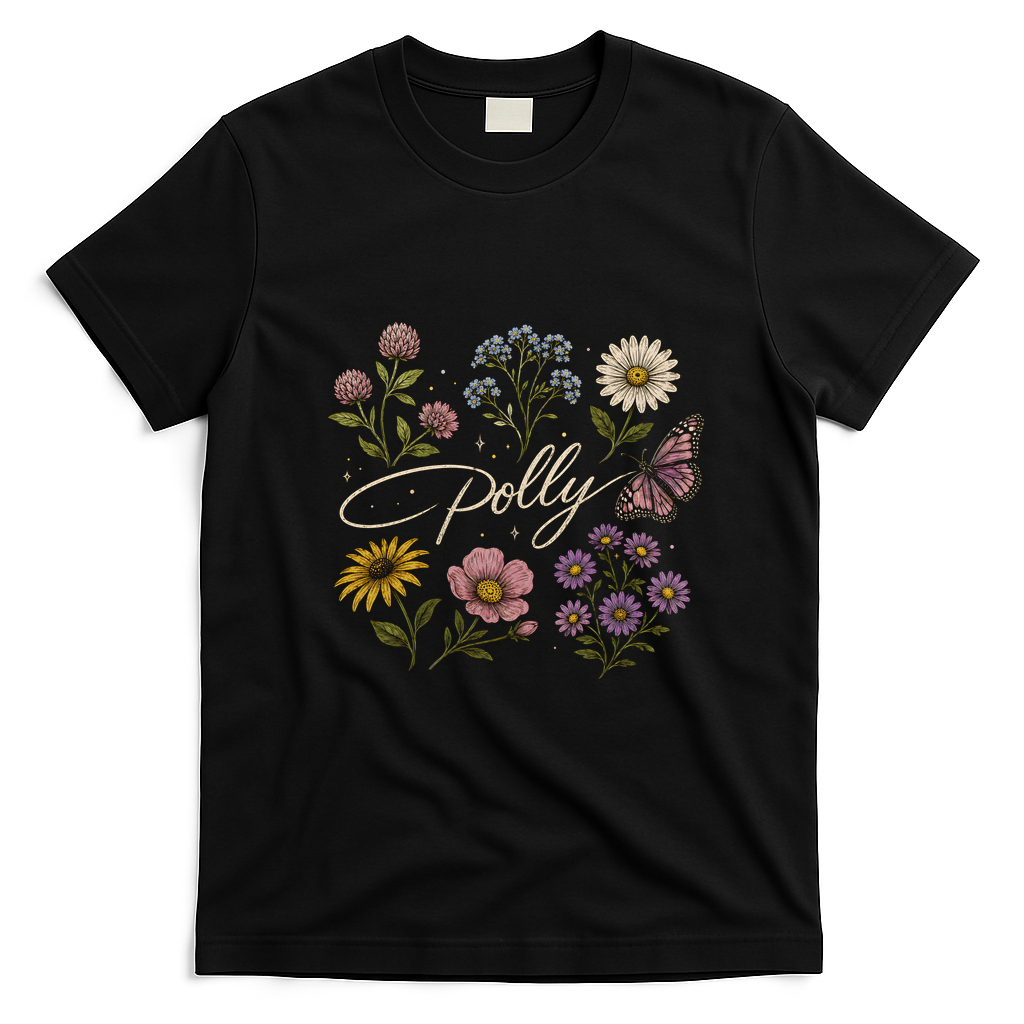 Dolly Floral Butterfly Flowers T-Shirt - Black