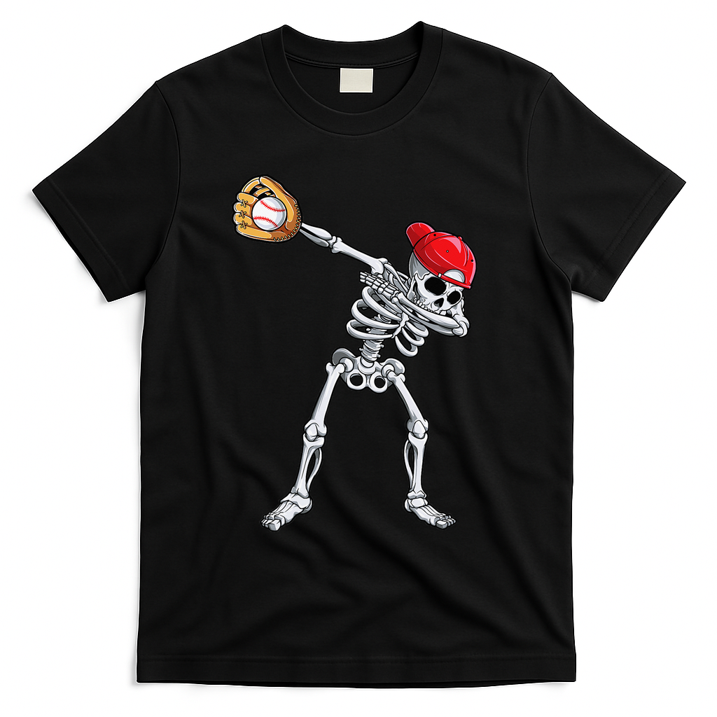 Dabbing Skeleton Baseball Halloween Player Catcher Pitcher T-Shirt - Black