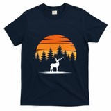 Deer Sunset Mountain Scene Vintage Outdoor Retro T-Shirt - Navy Blue