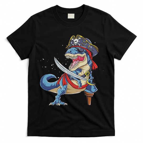 Dinosaur T Rex Pirate Jolly Roger Halloween Funny T-Shirt - Black