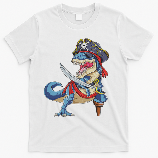 Dinosaur T Rex Pirate Jolly Roger Halloween Funny T-Shirt - White