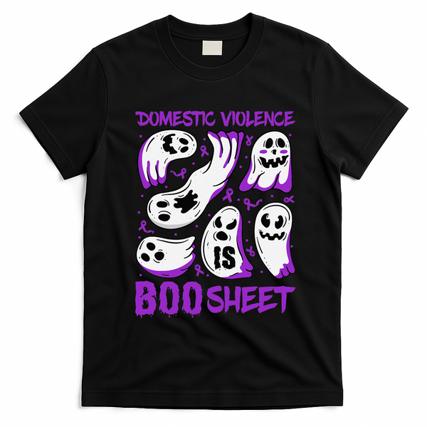 Domestic Violence Is Boo Sheet Ghost Purple Ribbon Halloween T-Shirt - Black