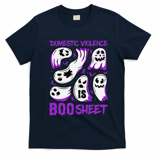Domestic Violence Is Boo Sheet Ghost Purple Ribbon Halloween T-Shirt - Navy Blue